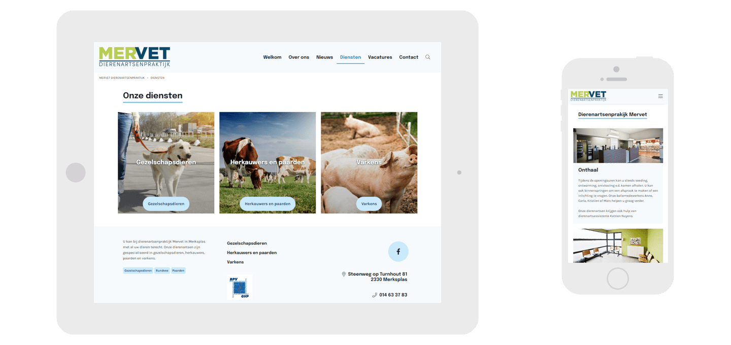 Mobielvriendelijke opbouw van een website. Foto: website Mervet Dierenartsenpraktijk
